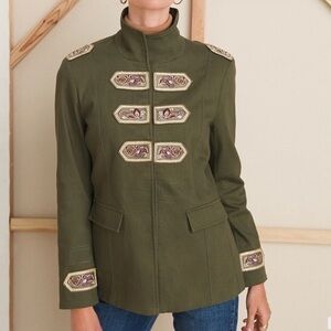 CHICOS BEADED AND EMBELLISHED BEADED BAND JACKET IN ARMY GREEN SZ 8